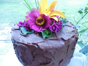 chocolate cake with edible flowers